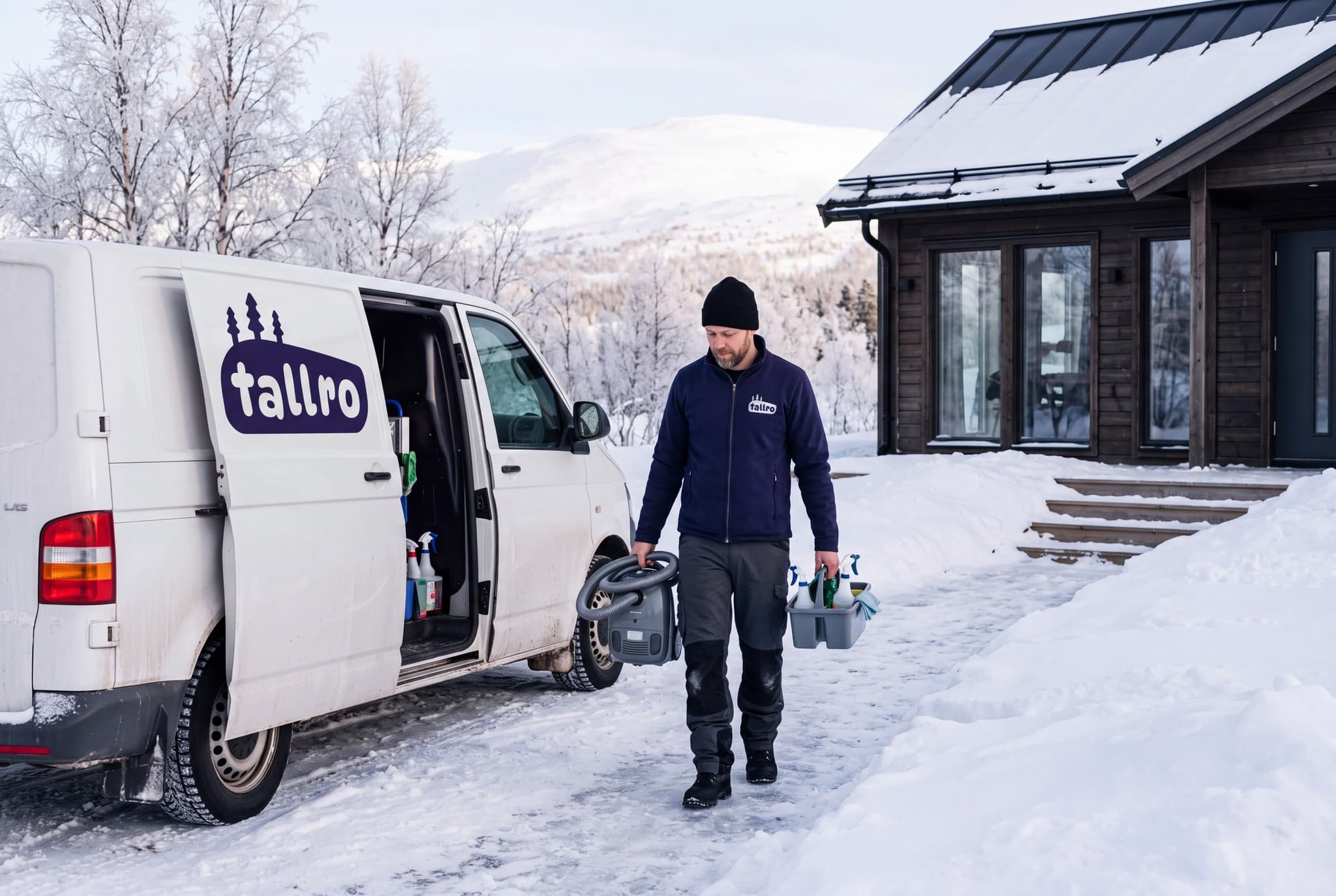 Illustration: en städare i mörkblå jacka bär dammsugare och städsaker från en vit bil med Tallros logotyp mot en stuga i snön