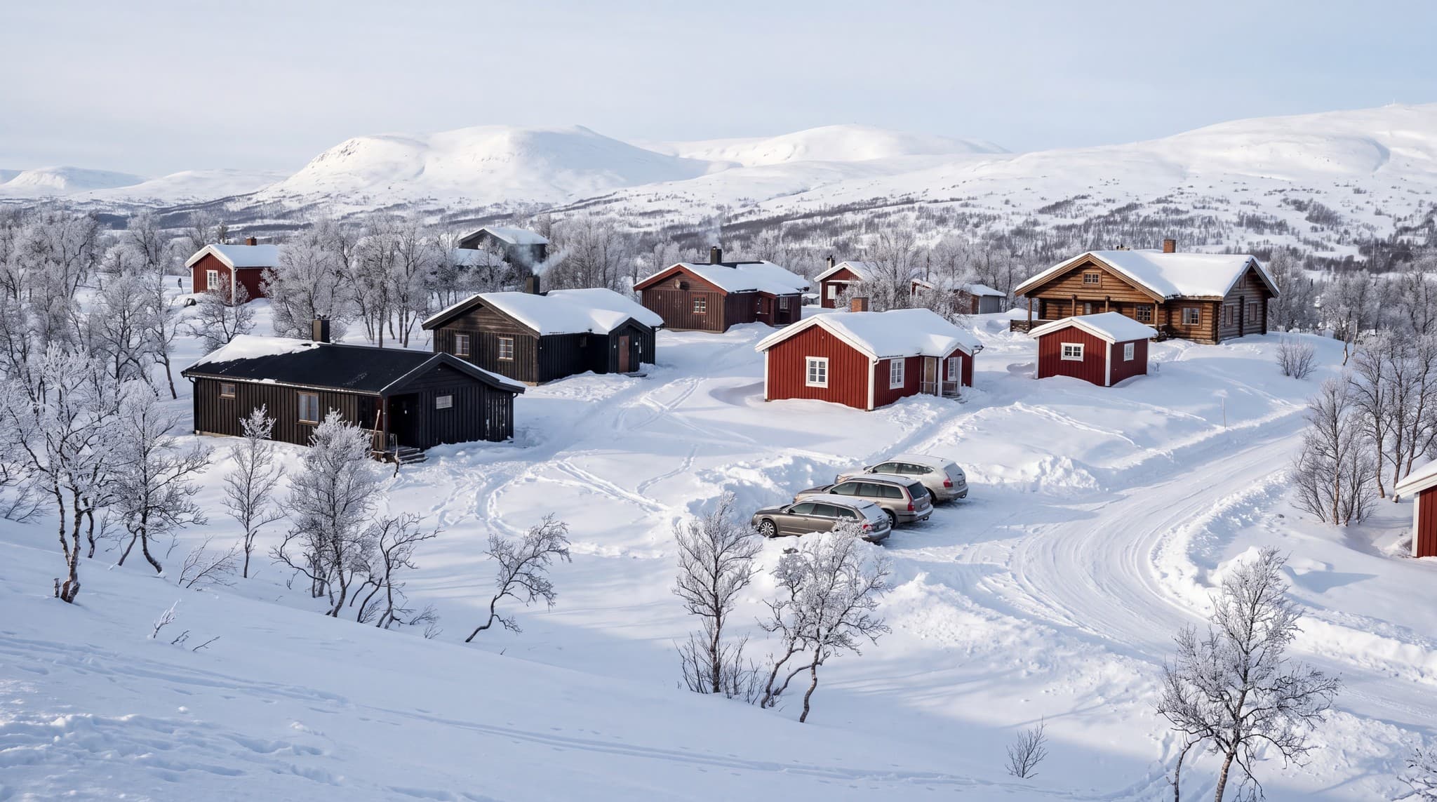 Illustration: röda stugor i snön i en liten stugby, med fjällen bakom