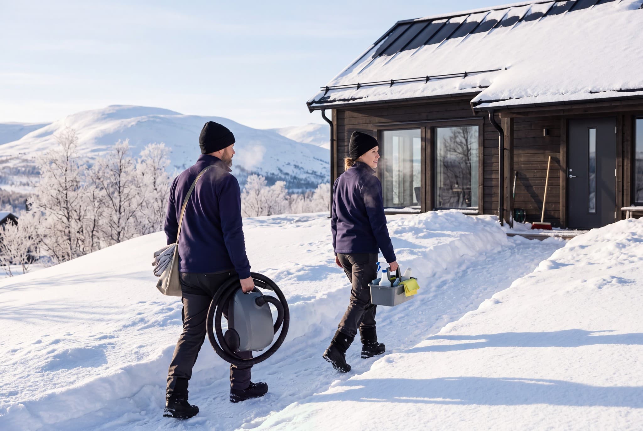 Illustration: två städare i mörkblå jackor går mot en stuga i snön, med städsaker och dammsugare
