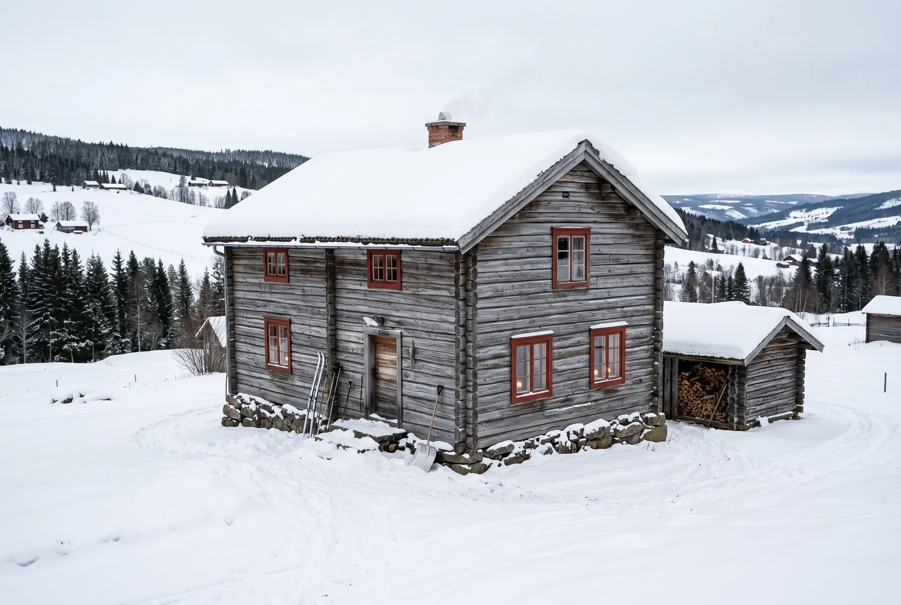 Exempelbild: gammal timmergård med vedbod, i ett snöigt landskap med utsikt över dalen