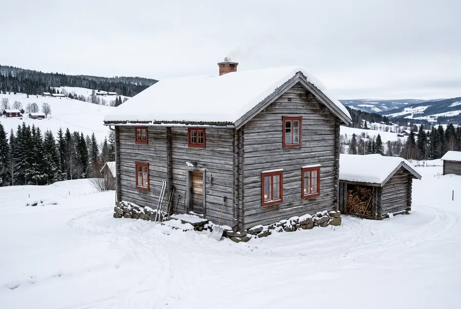 Exempelbild: gammal timmergård med vedbod, i ett snöigt landskap med utsikt över dalen