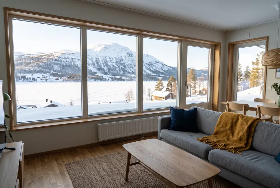 Exempelbild: vardagsrum med soffa och stora fönster mot en frusen sjö och fjället