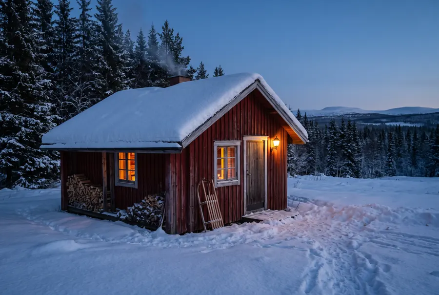 Exempelbild: liten röd stuga i skymningen med ljus i fönstren och rök ur skorstenen