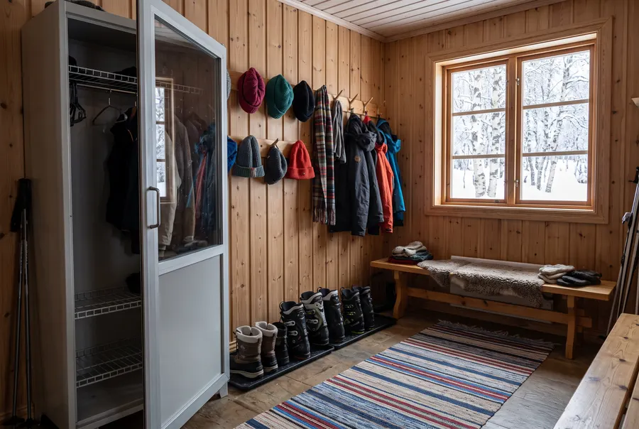 Exempelbild: hall med torkskåp, krokar för jackor och en bänk för pjäxorna
