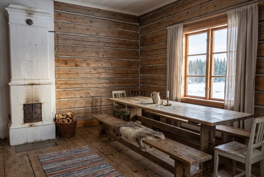 Exempelbild: timrat rum med kakelugn, långbord och trasmattor
